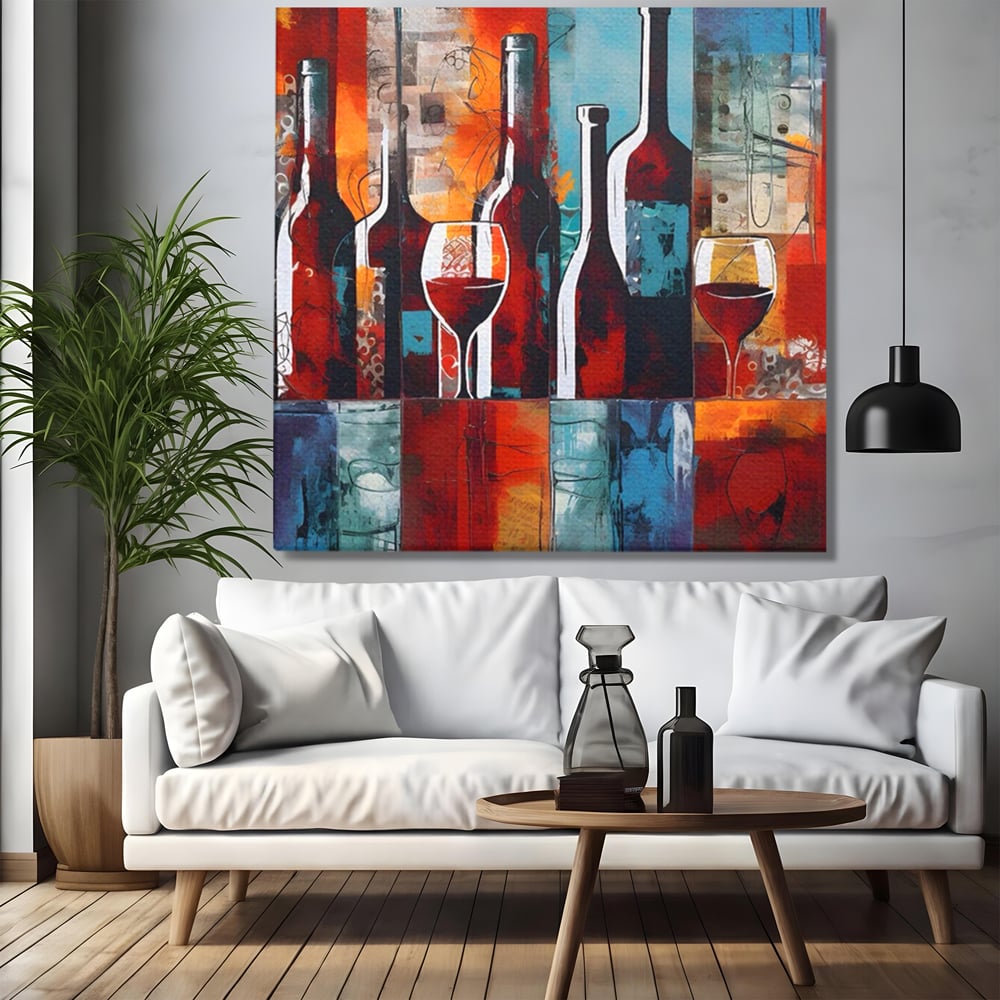 Tablou canvas cu pictura abstracta cu sticle si pahare de vin, fara rama, pe sasiu de lemn, pe perete intr-un living